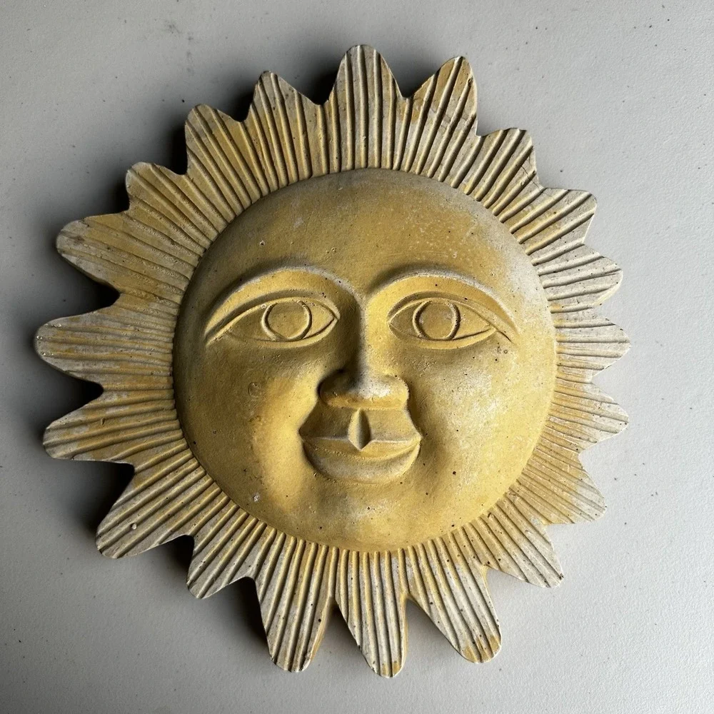 Vintage 90s Yellow Celestial Sun Ceramic Wall Hanging Art Plaque Home Garden 12